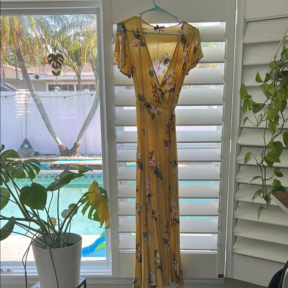 Lulu's Yellow Wrap Maxi Dress with Flutter Sleeves